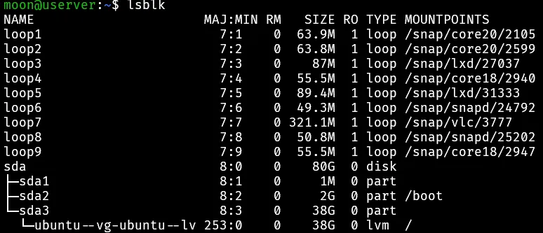 sda 总共80GB sda1、2、3占用40GB（扩容之前设置的虚拟机磁盘容量）