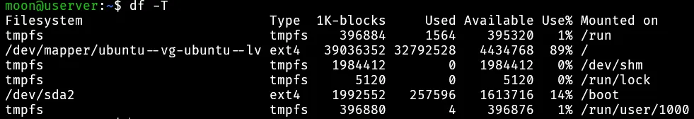 使用 df -T 查看之前的文件系统格式